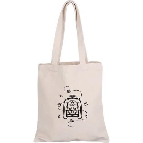Cartoon Drawing Women Canvas Printing Art Reusable Shoulder Bags Solid Color Large Capacity Multi-purpose Handle Women Shopping