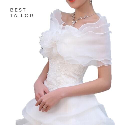 White Wedding Jackets Bolero Organza Wrap Bridal Shawl Sexy Red Ivory Lace Up Ruffles Wedding Accessories Mariage Retro Cheap