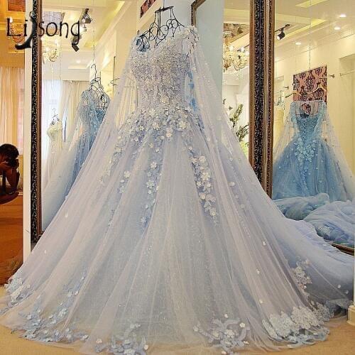 Dubai Sky Blue Wedding Dresses With Long Cloak Crystal Pearls Puffy Bridal Ball Gowns Robe De Mariee 2018 Appliques Casamento