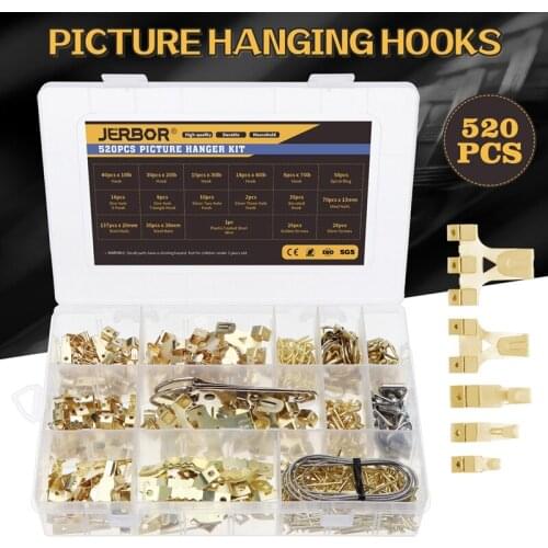 JERBOR 520Pcs Picture Hook Hanger For Picture Frame Wooden Frame Durable Picture Hook With Large And Varied Wire Screws Nails