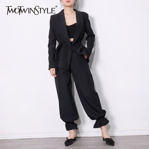 TWOTWINSTYLE Black Minimalist Set For Women Notched Long Sleeve Blazer Wide Leg Pants Casual Sets Female Fashion New Clothing