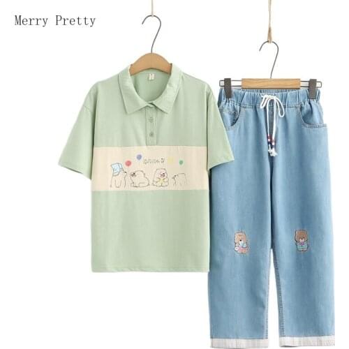 Women Casual Pant Sets Short Sleeve Turndown Collar Cotton T Shirts And Cartoon Embroidery Denim Pants 2021 Summer 2 Piece Set