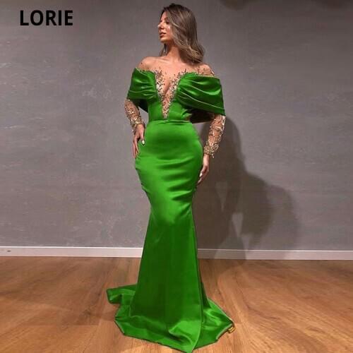 LORIE Elegant Mermaid Evening Dresses for Women Spandex Satin Beading Prom Party Gowns Long Sleeve Special Occasion Gowns 2020