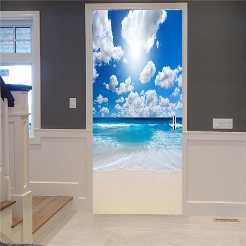 3D Photo Door Murals Sea Side Scenery Wall Sticker Mural Removable Self-Adhesive Fridge Decor Decal 77x200cm