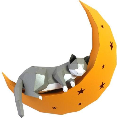 3D Cat On Moon Animal Paper Wall Art Sculpture Model Toy Home Decor Living Room Decor DIY Paper Craft Model Party Gift