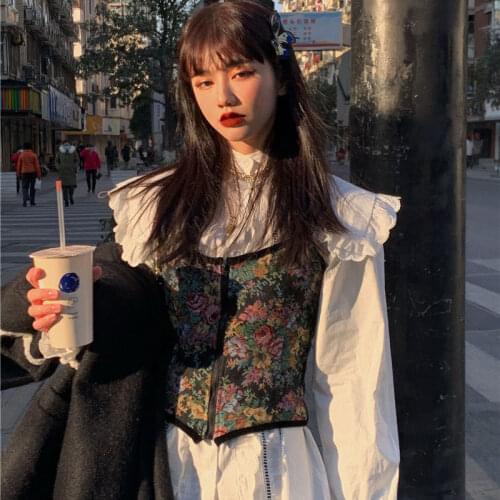 Casual White Puff Long Sleeve Sailor Collar Blouse Women Lace Ruffles Shirts + Vintage Floral Camisole Tops Sexy Plus Size