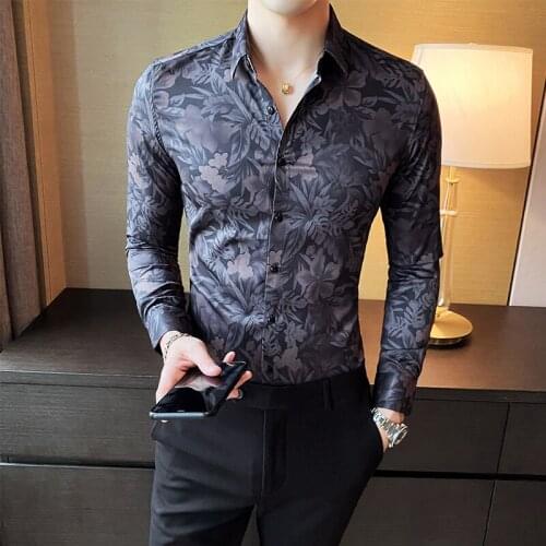 British Style Shirts for Men 2020 Autumn Long Sleeve Business Casual Dress Shirt Chemise Homme Slim Fit Streetwear Floral Blouse