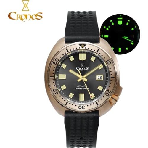 Cronos Turtle Diver Men Watch Bronze Automatic PT5000 SW200 Sapphire Crystal Leather Strap 44mm Dail Mens Mechanical Watch