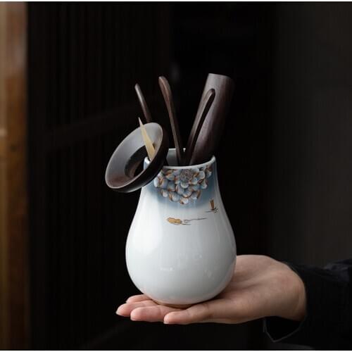 Tea Ceremony Six Items Handmade Chinese Ceramic Kung Fu Round Lotus Tea Container Tea Ceremony Utensil Shovel Spoon Wood Scoop