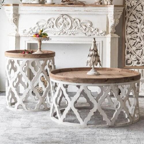 French Style Solid Wood Small Apartment Coffee Tables for Bedroom Furniture Endtable Retro Homestay Living Room Round Side Table