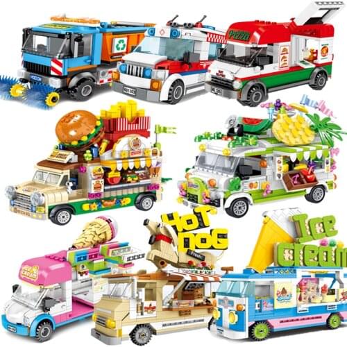 City Street Building Blocks Snack Retail Shop Pizza Ice Cream Car HOT Dog Truck Bus Educational Toys For Children Bricks Friends