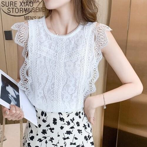 Summer Sleeveless Lace Blouse Women Shirt O-neck Womens Clothing Ladies Tops Short Sleeve Hollow Out Clothes Blusas Mujer 15802