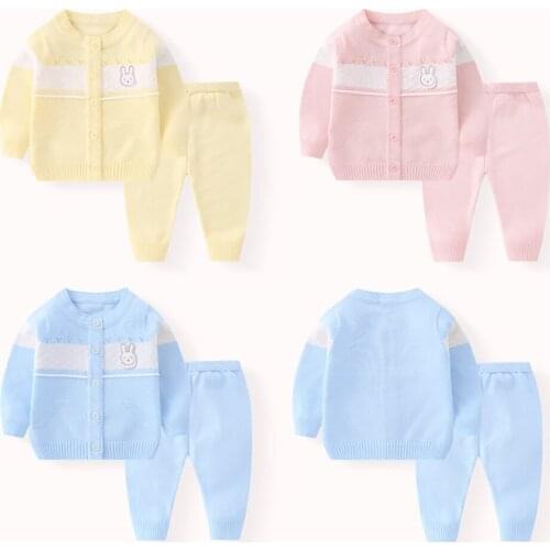 Infant Children Clothes Sets Baby Boys Girls Lovely Cartoon Knitted Cardigan Sweaters+Pants 2pcs Autumn Winter Kids Sweater Suit