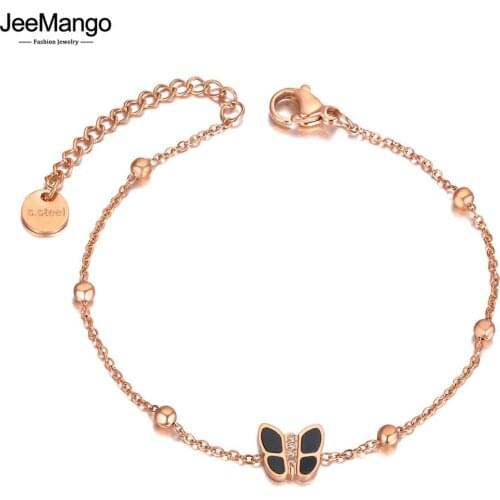 JeeMango Trendy 316L Stainless Steel White Shell Butterfly Charm Bracelets For Women Girls Rose Gold Chain Link Jewelry JB21004