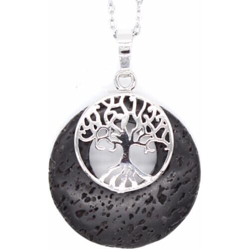 Trendy-beads Popular Silver Plated Round Hollow Black Lava Stone Pendant Necklace Link Chain Jewelry