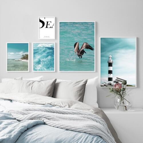 Wall Art Canvas Painting Beach Sea Lighthouse Bird Quote Nordic Posters And Prints Landscape Wall Pictures For Living Room Decor