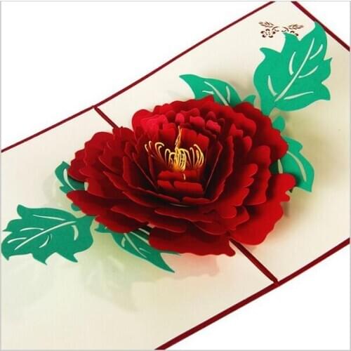 New Peony Pattern Greeting Card 3D Pop Up Postcard Birthday Christmas New Year Folding Kirigami Card for Wedding Valentines Day