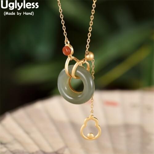 Uglyless Hollow Gourd Tassel Necklace for Women Nature Jade Circle Pendants +Chain Peace Buttons Ethnic Dress Jewelry 925 Silver