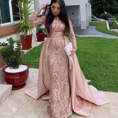 Saudi Arabia Long Sleeves Sequins Mermaid Muslim Formal Evening Dress with Detachable Train Rose Gold Kaftan Dubai Prom Dresses