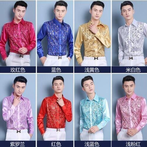 Multicolour paillette shirts mens shirt singer dance sequins clothes long sleeves shirt hollow camisa masculina plus size