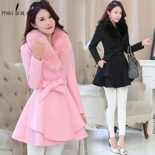 Pinky Is Black Winter Women Woolen Coat Outerwear Large Fur Collar Ruffles Female Casual Jacket Long Sweet Preppy Trench Coat