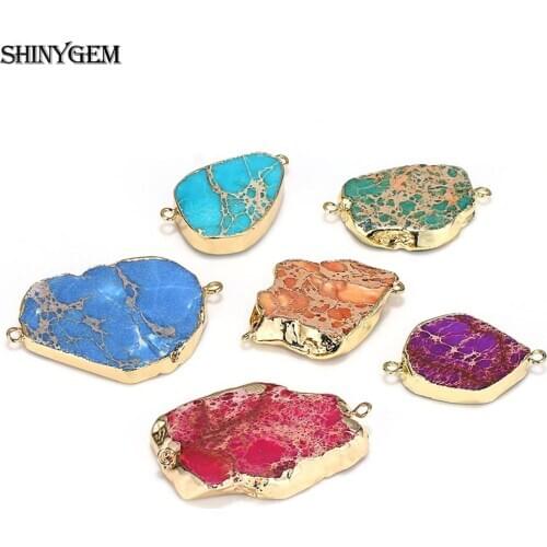 ShinyGem Natural Irregular Sea Sediment Stone Pendants Gold Plating Bezel Slice Pendants Connector For DIY Jewelry Making Bangle