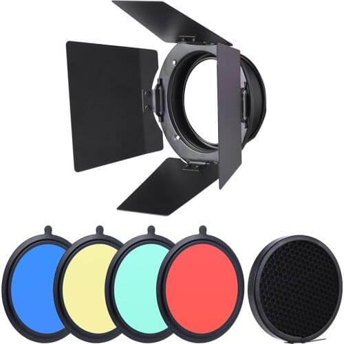 96mm Universal Mount Metal Bardoor Barn Door with Honeycomb Grid 4pcs Color Gel Filters for Neewer Godox Studio Flash Light