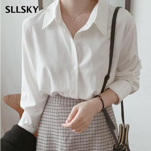 SLLSKY Casual Solid Shirts Women Turn-down Collar Loose Blouses Tops Elegant Retro Workwear Single Breasted Shirt 2021 Spring