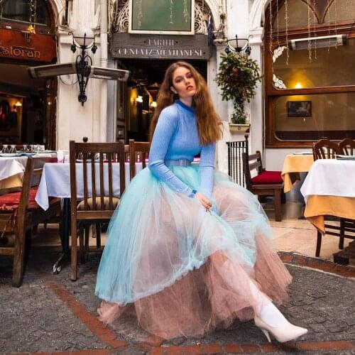 Trendy Mix Color A-line Tulle Skirts Women 2020 Mint Green With Brown Long Summer Tulle Skirts Elastic Maxi Skirt