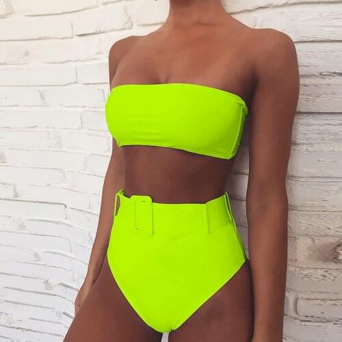 Women Swimwear Swimsuit Bandeau Strapless Bra Swimming Female Bathing Suit Sexy Fluorescence Green High Waist Bikini Set
