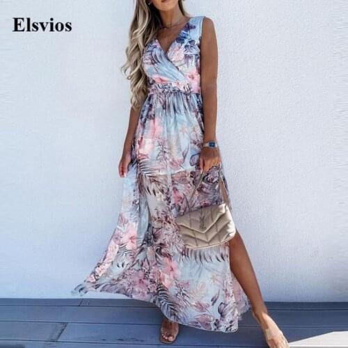 Spring Summer Lady Floral Print Split Long Dress 2021 Women Casual Sleeveless Party Dress Sexy V Neck Loose Maxi Dress Vestidos