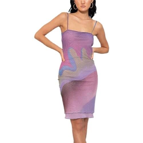 Women Tie Dye Mesh Printed Short Dress Spaghetti Strap Mini Dresses Summer 2021 Sleeveless Slim Bodycon Y2K Dresses Streetwear