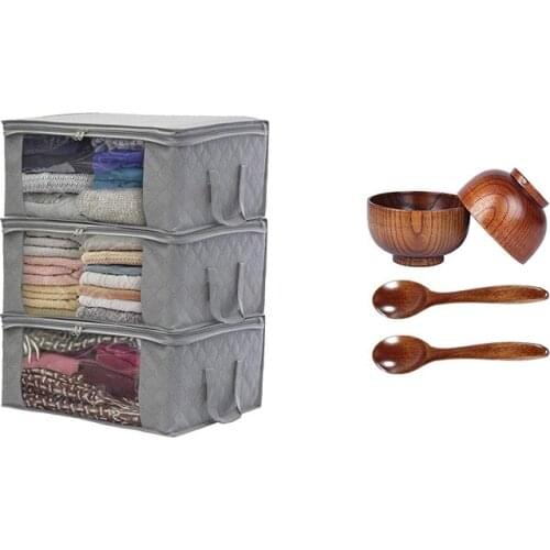 3Pcs Storage Bag Quilt Clothes Bag Non Woven Fabric Storage Box with Wood Spoons Bowl Set