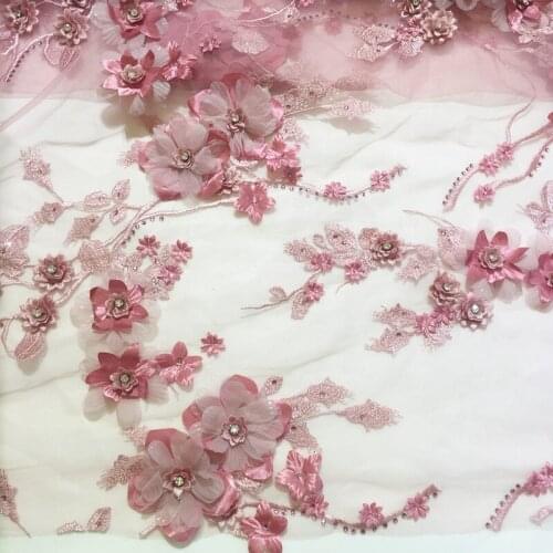 5 yards dark pink 3D beaded rhinestone lace fabric, 3D rosewood flowers embroidered bridal lace fabric for costumes accessories