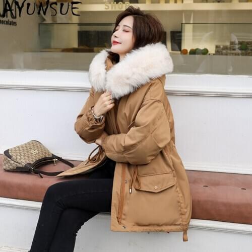 AYUNSUE Womens Winter Down Jacket Big Fur Collar Hodded Parkas Woman 90% white Duck Down Jackets Female Long Coats Casaco 2020