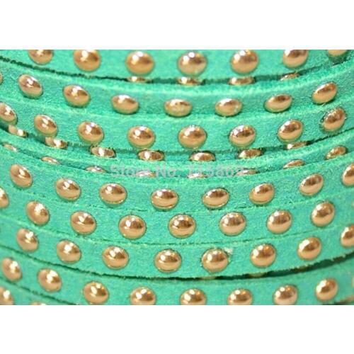 Free Ship 100 Meters Green 5 x1.5mm w/ Gold Rivet Accents Microfiber Flat Faux Suede LeatherLace Cord For DIYJewelry