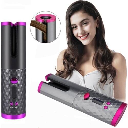 Cordless Automatic Rotating Hair Curler LCD Display Temperature Adjustable Styling USB Rechargeable Electric Wavy Hair Curler