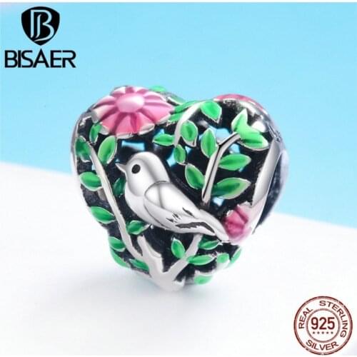 BISAER Sale 925 Sterling Silver Spring Flower Tree Leaves Bird in Heart Beads fit Bracelet & Bangles Silver 925 Jewelry ECC647