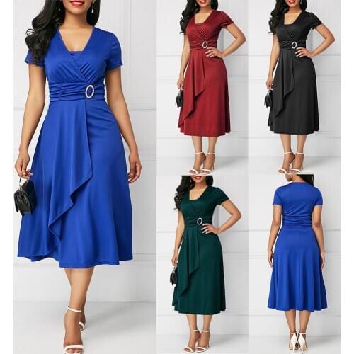 HOT SALE New Arrival Fashion Plus Size Dress Women Short Sleeve Asymmetric Hem Waist Tight Large Swing Midi Evening Party Dress