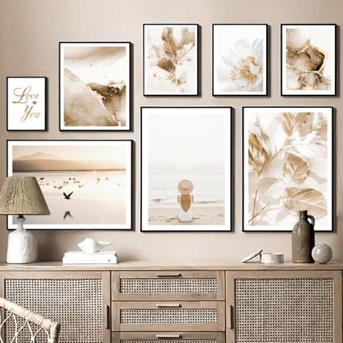 Sea Beach Seagull Girl Leaf Peony Flower Wall Art Canvas Painting Nordic Posters And Prints Wall Pictures For Living Room Decor