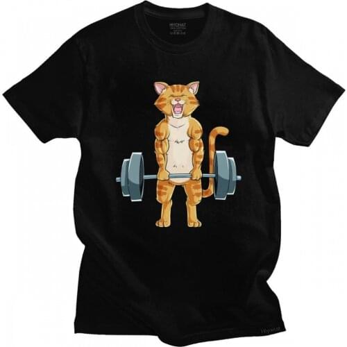 Classic Funny Cat Deadlift Powerlifting T Shirts Men Short Sleeves Awesome Cats Tee Gym Tshirt Soft Cotton T-Shirt Merchandise