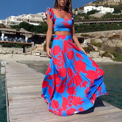 Sexy Fashion Women Skirt Set Printed Short Crop Top + Long Skirt Beach Boho Holiday Elegant Womens Clothing Party 2021