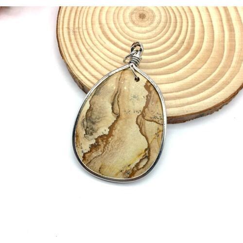 Necklace Pendant Natural Stone 20-30 mm Wire Wrapped Drop Shape Picture Jaspers Green Jades Unike