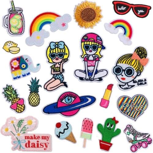 Fashion Girl Embroidery Cloth Stickers Cartoon Iron on Patch Kawaii Thermo Adhesive Badges Women Clothes Bags Appliques Patches