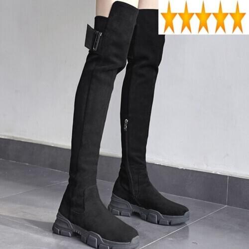 Leather Slim Black Thick Genuine Bottom Womens Over The Knee Winter Fashion Hot Sexy Round Toe Female Nubuck Knight Boots