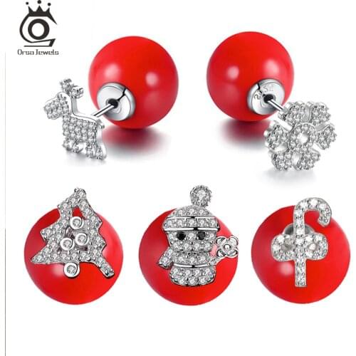 ORSA JEWELS Asymmetry Earrings 925 Silver Christmas Tree Snowman Snowflake Ball Stud Earrings for Kids Teen Girls Gift 1PC HOE01
