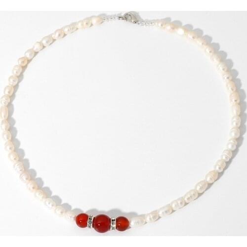 Hellolook Baroque Freshwater Pearl Zircon Necklace Natural Red Agate Crystal Choker Necklace for Women