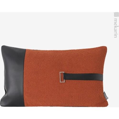 Ordic Light Luxury Model Room Sofa Cushion Orange Black Stitching Leather Metal Buckle Lumbar Pillow Farmhouse Decoration