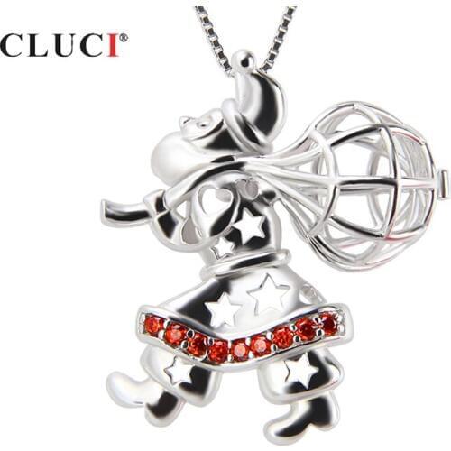 CLUCI 925 Silver Santa Claus Charms Pendant Red Zircon Women Christmas Gift Silver 925 Wish Pearl Locket SC182SB