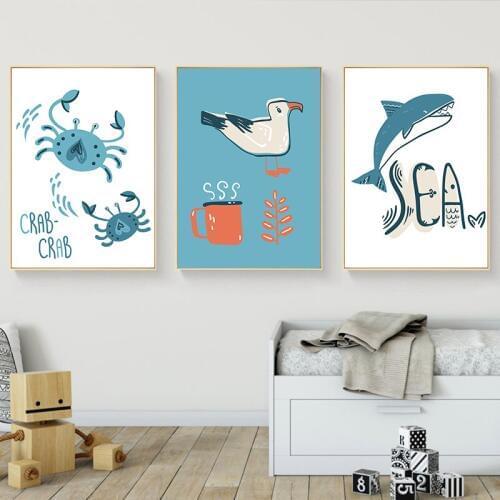 Nordic simple cute whale bird poster printing canvas painting restaurant home wall art decoration can be customized